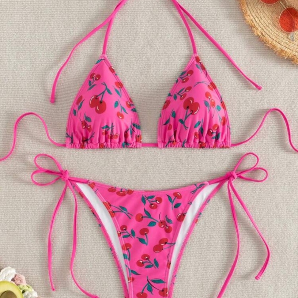 Pink Cherry Print Bikini Set S (4) small brand new SHEIN swimsuit